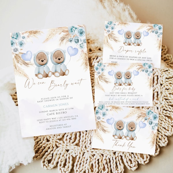 Editable Blue Pampas Grass TWIN Boys Teddy Bear Baby Shower Invitation template, We Can Bearly Wait, Printable baby shower invite Download