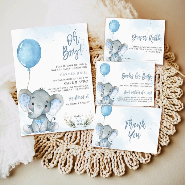 Elephant Baby Shower Invitation boy, editable blue balloon baby shower invitation download, printable invite template, boy Invitation set