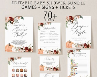 May include: A collection of printable baby shower games and signs, including "How Big is Mommy's Belly?" and "Diaper Raffle." The designs feature fall-themed pumpkins and floral arrangements, with the text "Editable Baby Shower Bundle" at the top.