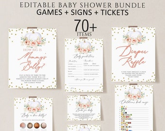 Floral Pumpkin Baby Shower Games Bundle, Fall Baby Shower Games download, Instant Download, Editable baby shower games template, Autumn