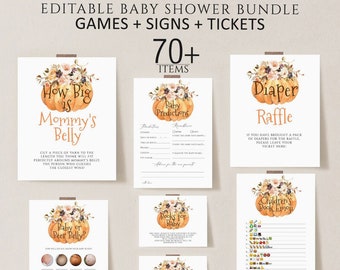 May include: An editable baby shower bundle featuring 70+ items including games, signs, and tickets. Each piece displays a watercolor pumpkin topped with floral arrangements and text such as How Big is Mommy's Belly, Baby Predictions, and Diaper Raffle.