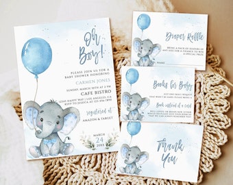 Elephant Baby Shower Invitation boy, editable blue balloon baby shower invitation download, printable invite template, boy Invitation set