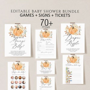 May include: An editable baby shower bundle featuring 70+ items including games, signs, and tickets. Each card displays a watercolor pumpkin and floral illustration with black text. Titles include How Big Is Mommy's Belly, Baby Predictions, Diaper Raffle, and Children's Book Emoji.