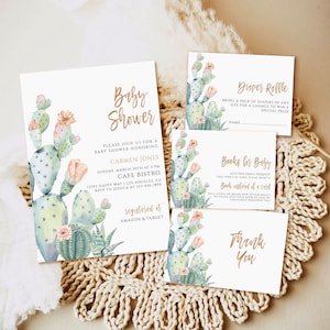 Conjunto de invitación de baby shower de cactus, paquete de baby shower editable, libros para tarjeta de bebé, rifa de pañales, plantilla imprimible Descarga digital