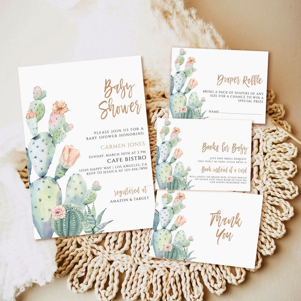 Cactus Baby Shower Invitation Set, Printable Bundle (Digital Download)