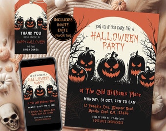 May include: Halloween party invitation set with a matching thank you tag and digital invite. The design features jack-o'-lanterns, bare trees, and the text "Join us if you dare for a Halloween Party". Includes invite, evite, and favor tag.