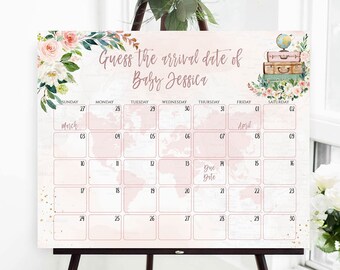Calendrier de baby shower, Adventure Awaits, carte du monde (modèle modifiable)