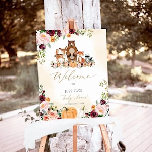 Letrero de bienvenida editable con temática de bosque otoñal para baby shower, póster de bienvenida con temática de calabaza otoñal para baby shower, letrero con animales del bosque otoñal de género neutro.