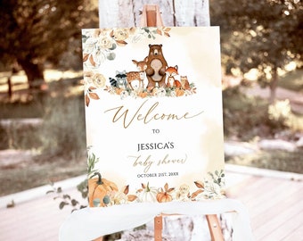 Editable Fall Woodland Baby Shower Welcome Sign, Woodland Pumpkin Baby Shower Welcome Poster, Boy Autumn Forest Animals Sign Template, f1