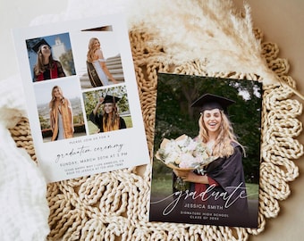 May include: Graduation announcement with a collage of photos of a graduate in a cap and gown. The announcement includes the text "Please join us for a graduation ceremony" and the date and time of the ceremony.