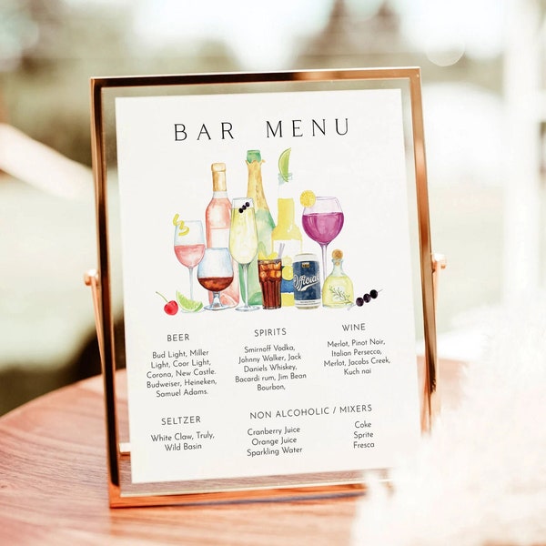 Bar-Menü-Vorlage, moderne bearbeitbare Getränke-Menü-Vorlage, minimalistische druckbare Bar-Menü, Signatur-Getränke-Zeichen, Hochzeit Bar-Menü-Zeichen-Download