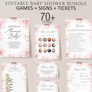 Pink Toile de Jouy Baby Shower Games Bundle, Editable Dusty Pink french Chinoiserie baby shower games signs, dusty pink Wildflower shower
