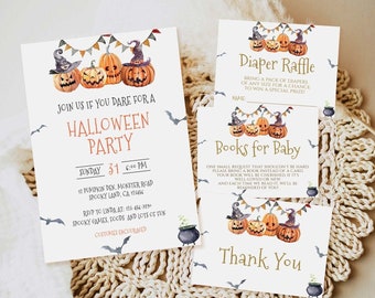May include: A set of white Halloween party stationery including an invitation, a diaper raffle card, a books for baby card, and a thank you card. Each piece features watercolor pumpkins, witch hats, bunting, bats, and a small black cauldron.