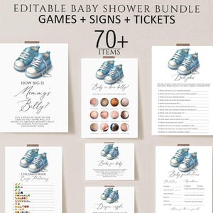 May include: Editable baby shower game bundle with 70+ items. The games feature blue baby shoes with white laces. The games include "How Big is Mommy's Belly?", "Baby or Bear Belly?", "Dad Jokes", "Children's Book Emoji Pictionary", "Books for Baby", "Diaper Raffle", and "Baby Predictions".