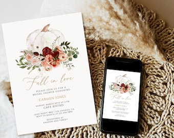 May include: Bridal shower invitation featuring a watercolor white pumpkin and floral arrangement in shades of pink, burgundy, and green. The invitation text reads "Fall in love" and includes event details and RSVP information.
