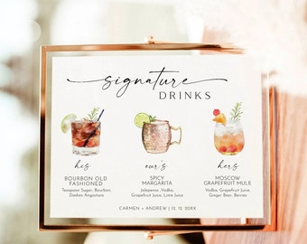 Modèle de signe de boissons de signature, boissons de signature modifiables, signe de cocktails de signature, signe de menu de barre de mariage, menu modifiable moderne de boisson