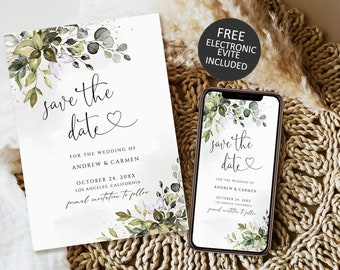 Greenery Save the Date Template, Editable Wedding Evite (Digital Download)