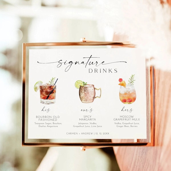 Signature Drinks Sign Template, Editable Signature Drinks, Signature Cocktails Sign, Wedding Bar Menu Sign, modern editable drink menu