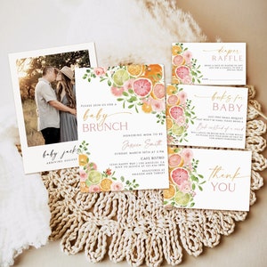 Citrus Baby Brunch Shower Invitation Template, Citrus Lemon Baby Shower Invite, Citrus Baby Brunch Invite,Floral Citrus Baby Shower Download