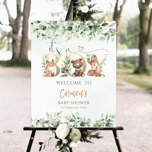 Woodland Baby Shower Willkommensschild, Willkommensschild, Baby-Dusche-Schild, Waldtiere-Baby-Dusche, Greenery Babyparty, bedruckbares Schild,
