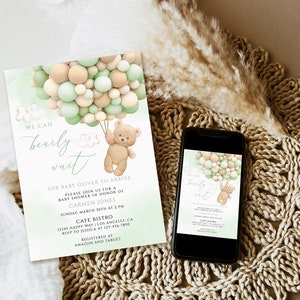Editable Green Teddy Bear Hot Air Balloon Bear Theme Baby Shower Invitation We Can Bearly Wait Invites Template Instant Download printable