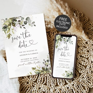 Save the Date Vorlage, druckbare Save the Date Hochzeitsvorlage, Save the date Karte, Greenery Save the Date Download, bearbeitbares evite
