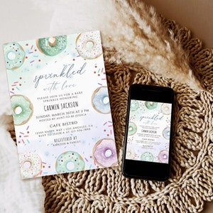 Editable Donut Baby Sprinkle Invitation, Donut Baby Shower Invitation template, Boy Baby Shower, Sprinkled With Love Donut Invitation