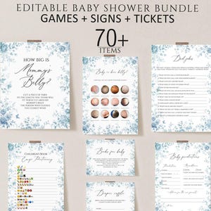 Blue Toile Baby Shower games Bundle, Boy Baby Shower games,french Chinoiserie Baby Shower Editable games signs,blue floral toile baby shower