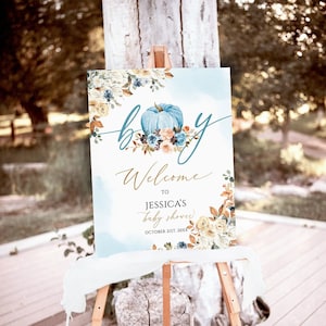 Plantilla editable de letrero de bienvenida de otoño con calabaza azul, letrero de bienvenida floral de otoño para baby shower, letrero de bienvenida para baby shower de otoño, letrero para baby shower de Boy Bay