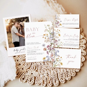 Wildflower Baby Shower Invitation template, Boho Baby Shower Invitation bundle, A Little wildflower Invite,Books for Baby Card,Diaper Raffle