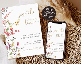 Save The Date Template, Wildflower Save the Date Download, electronic save the date, boho save the date evite, printable save the date