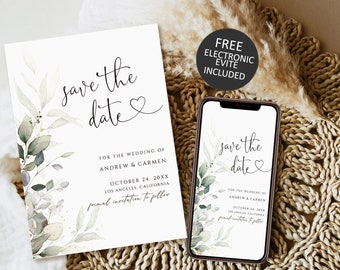 Save The Date Template, Eucalyptus Save the Date Digital Download, Smartphone, Greenery Save the Date Digital Template, Editable template