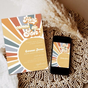 Editable Sunshine Baby Shower Invitation, Here Come The Son Baby Shower Retro Boho Muted Tones Sunshine Baby Shower Instant Download invite