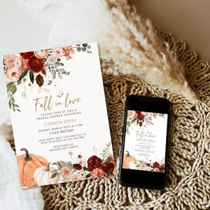 Fall Bridal Shower Invitation Template, Pumpkin Fall In Love invite Download, Editable Template, Printable Autumn floral bridal download