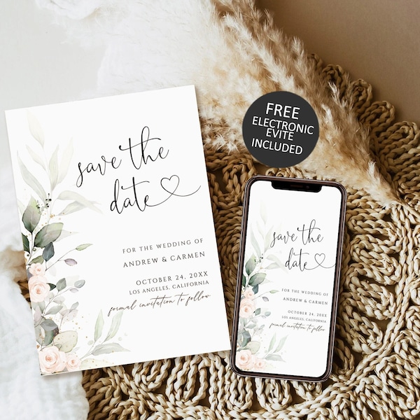 Save The Date Template, Eucalyptus Save the Date Digital Download, Smartphone, Greenery Save the Date Template, Pink Floral Greenery Wedding