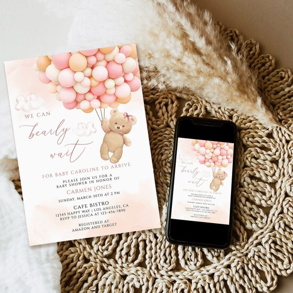 Pink Teddy bear baby shower invitation template, we can bearly wait girl baby shower invite, bear with balloons baby shower download