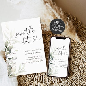 Save The Date Template, Eucalyptus Save the Date Digital Download, Smartphone, Greenery Save the Date Digital Template, Editable template