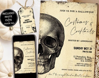Pode incluir: Convite para festa de Halloween com estética vintage. O design apresenta uma ilustração de caveira, o texto "Costumes & Cocktails" e os detalhes do evento. Inclui uma etiqueta de lembrancinha combinando e um convite digital em um smartphone.