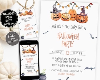 May include: Halloween party invitation set with pumpkins wearing witch hats, bats, and the text "Join us if you dare for a Halloween Party". Includes a favor tag and a phone mockup.