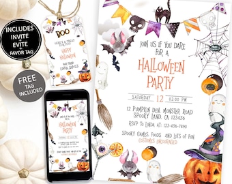 May include: Halloween party invitation with watercolor illustrations of bats, ghosts, pumpkins, and a black cat. The invitation includes the text "Join us if you dare for a Halloween Party" and event details. A matching tag is included.