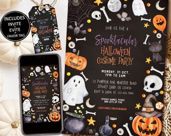 Peut inclure: Un ensemble d'invitations pour une fête d'Halloween sur fond noir, avec des citrouilles, des fantômes, des chauves-souris et des os. Comprend une étiquette de faveur assortie et un smartphone affichant l'invitation. Le texte dit "Spooktacular Halloween Costume Party."