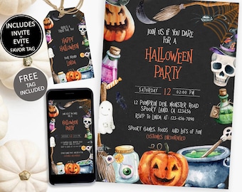 May include: Halloween party invitation set with a black background, featuring a pumpkin, skull, and potion illustrations. Includes a phone display, favor tag, and invite. The text reads "Join us if you dare for a Halloween Party".