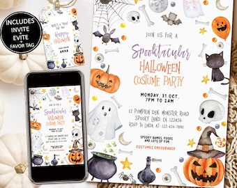 Peut inclure: Un ensemble d'invitations pour une fête d'Halloween, comprenant une étiquette et une invitation numérique sur un smartphone. Le design présente des illustrations à l'aquarelle de citrouilles, de fantômes, de chauves-souris et d'un chaudron de sorcière. Le texte dit "Spooktacular Halloween Costume Party."