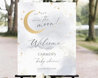 Twinkle Little Star Baby Shower Welcome Sign, Gray Moon, Printable (Digital Download)