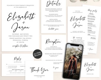 Editable Wedding Invitation Set Template, INSTANT DOWNLOAD, 100% Editable, Minimalist Invite, RSVP & Detail, Printable, Program Tag uj283