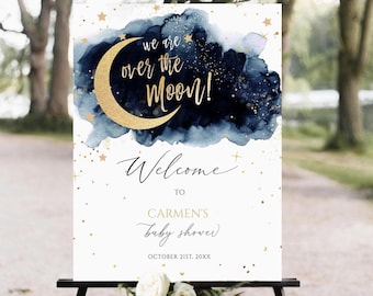 Over the moon Baby Shower Welcome Sign, Welcome sign, baby shower sign, blue Twinkle Little Star baby shower sign,Printable sign,moon shower
