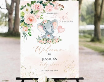 Editable Elephant Baby Shower Welcome Sign Balloon, Baby Shower Welcome Sign, Pink Floral, Peanut elephant welcome sign, Girl baby shower