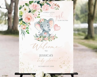 Editable Elephant Baby Shower Welcome Sign Balloon, Baby Shower Welcome Sign, Pink Floral, Peanut elephant welcome sign, Girl baby shower