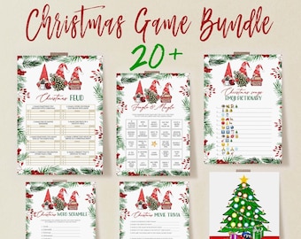 May include: A Christmas game bundle with over 20 games, including Christmas Feud, Jingle & Mingle, Emoji Pictionary, Word Scramble, Movie Trivia, and Roll-A-Tree. The games feature festive designs with gnomes and Christmas tree illustrations, perfect for holiday gatherings.