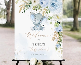 Elephant Baby Shower Welcome Sign, Blue Floral Elephant Baby Shower Welcome Poster, Floral Elephant Baby Shower, Blue Elephant, Baby Boy